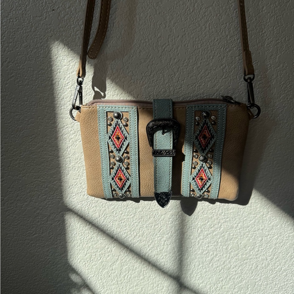 Montana West Tan and Blue Crossbody Bag with Embellishments